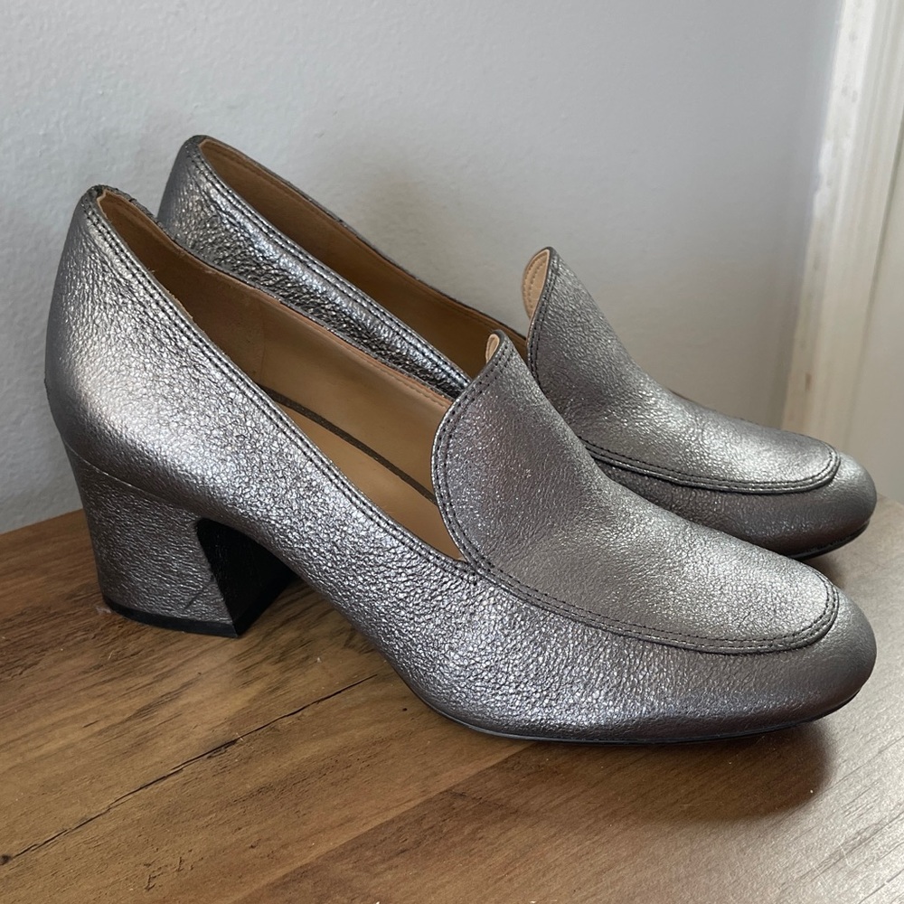 Women's Silver Block Heel Loafers